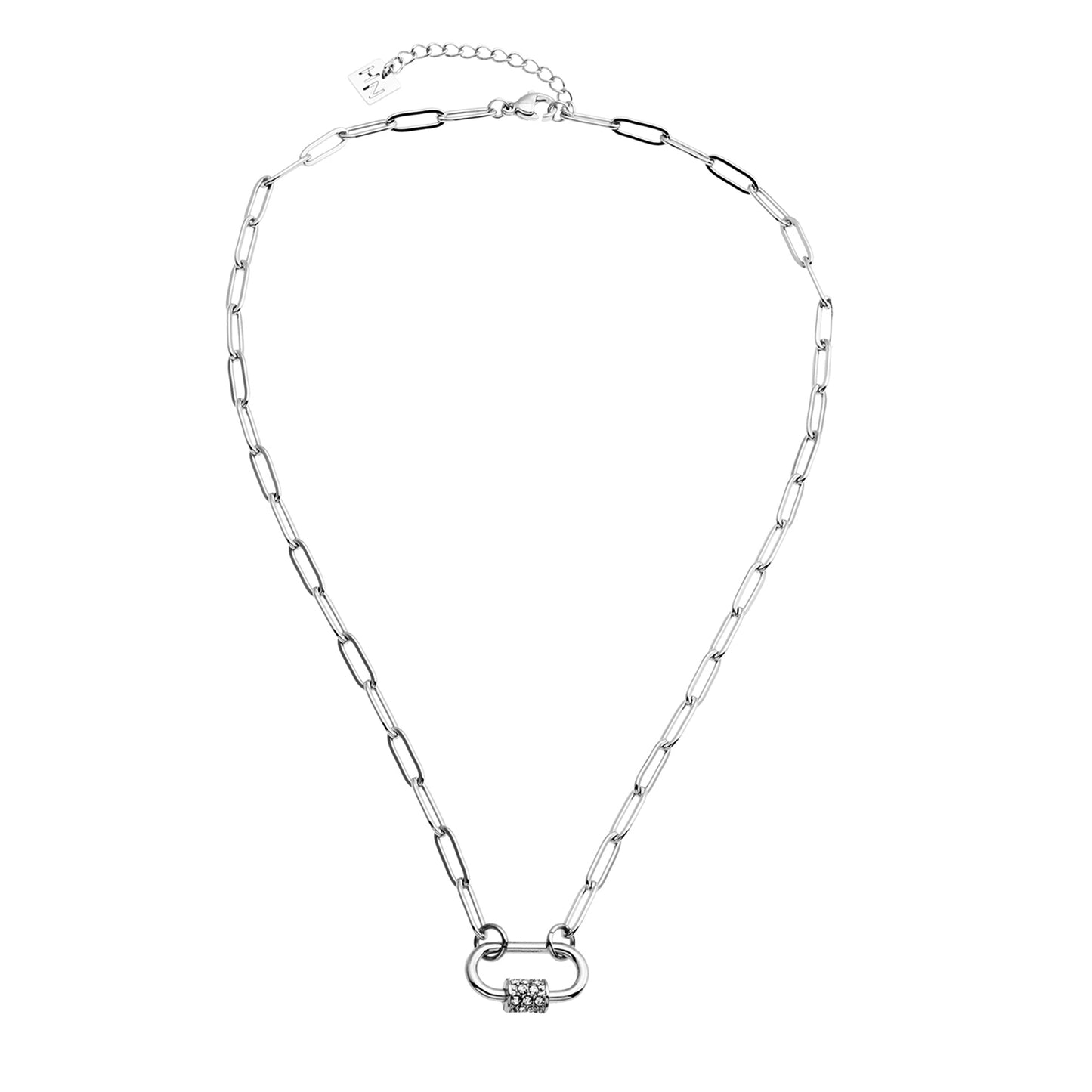 PEIGI Silver: Paper Clip Chain with Zirconia Accented Carabiner Charm