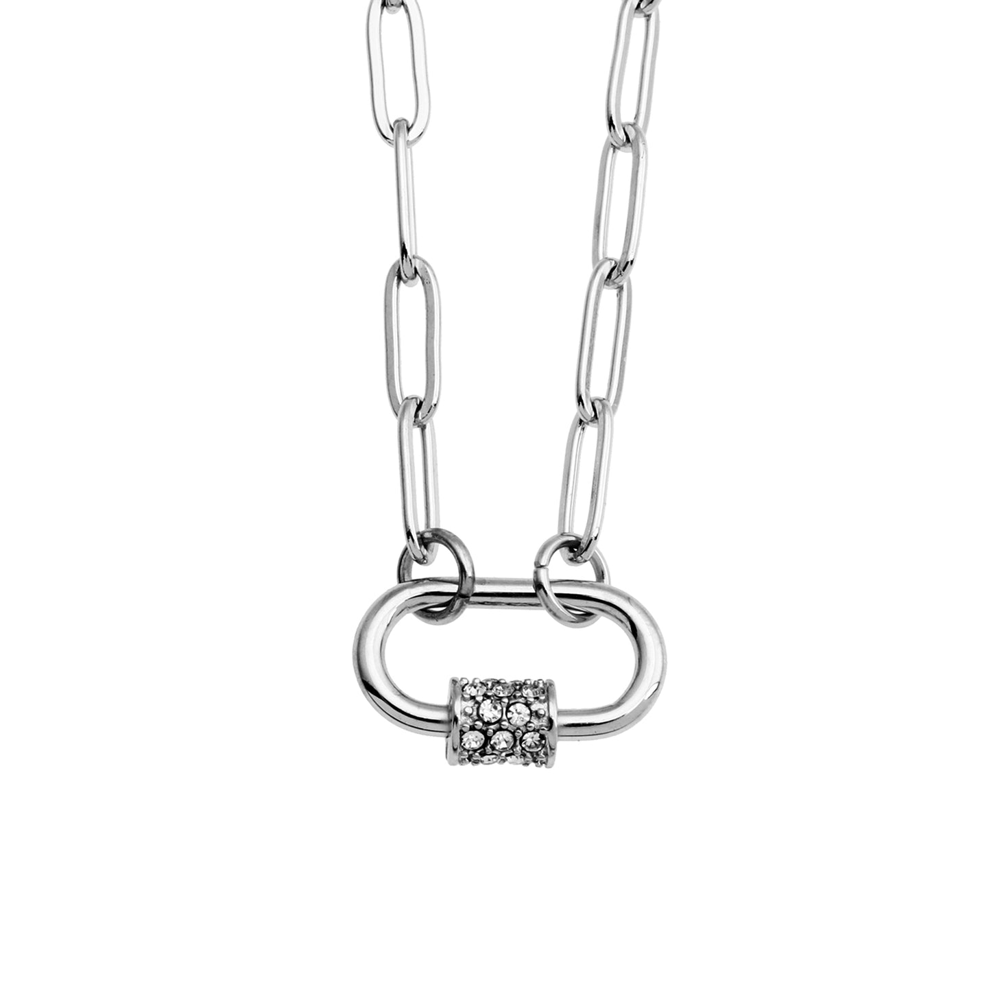 PEIGI Silver: Paper Clip Chain with Zirconia Accented Carabiner Charm