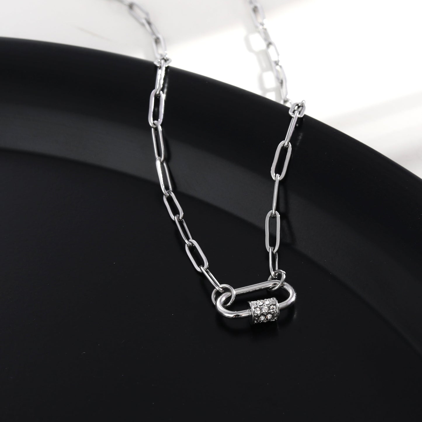 PEIGI Silver: Paper Clip Chain with Zirconia Accented Carabiner Charm