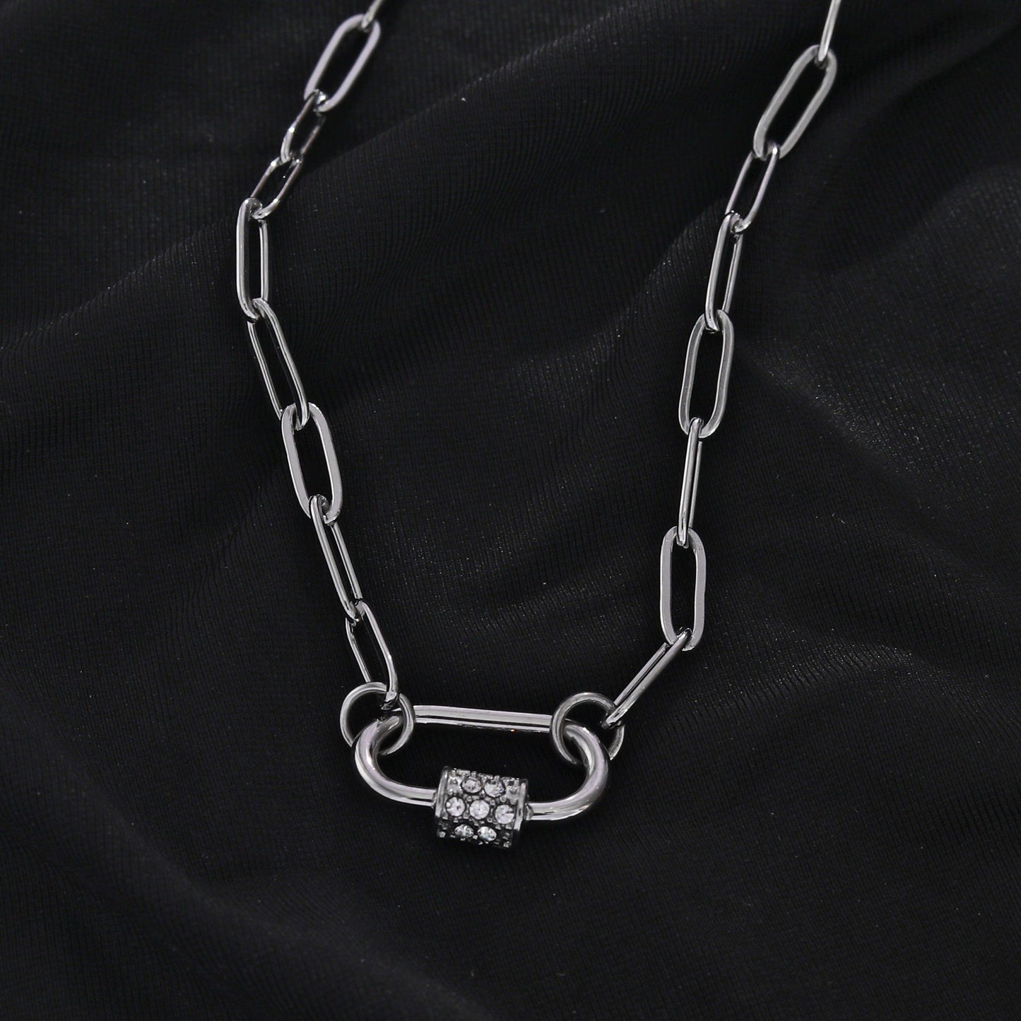 PEIGI Silver: Paper Clip Chain with Zirconia Accented Carabiner Charm