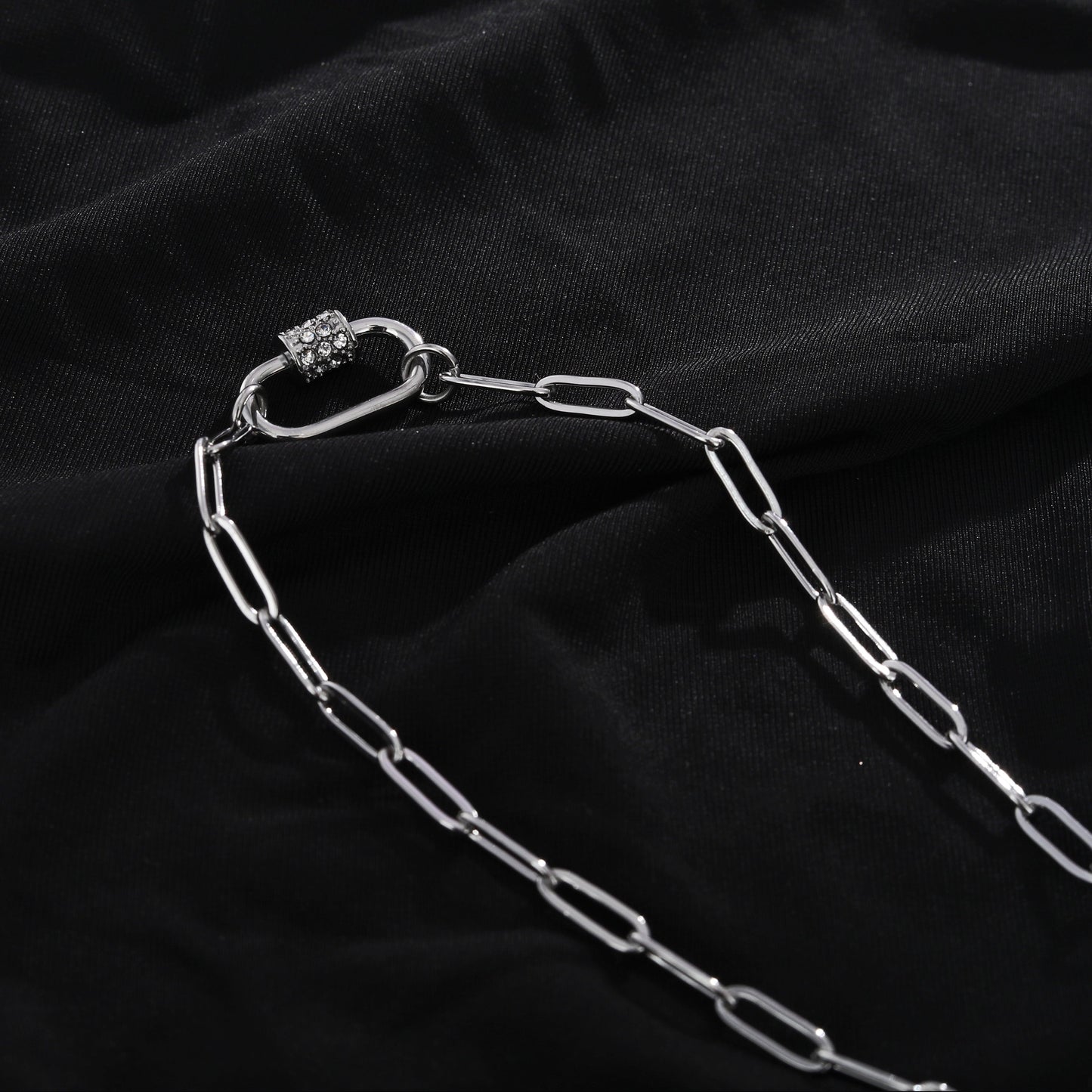 PEIGI Silver: Paper Clip Chain with Zirconia Accented Carabiner Charm