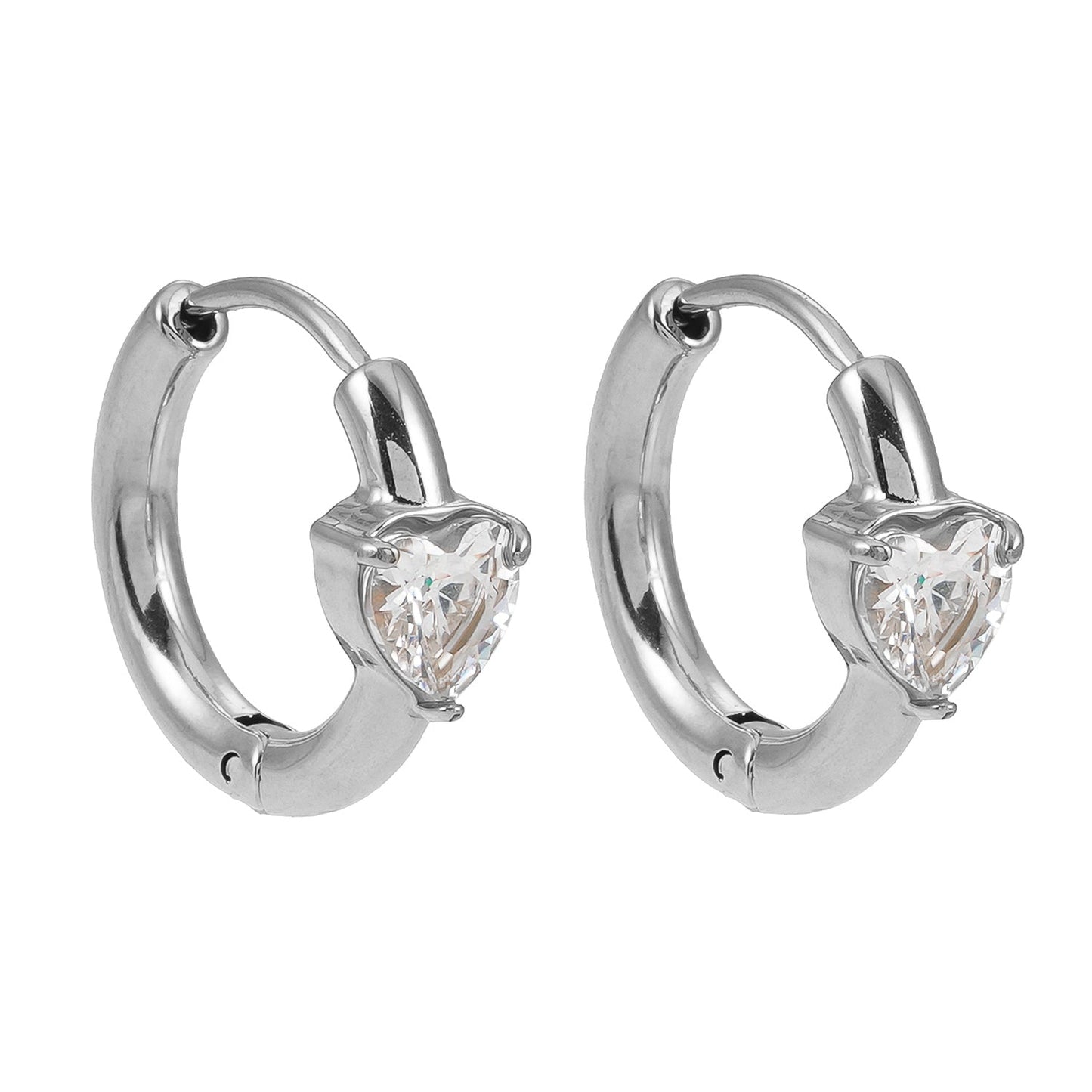 PELLA White Gold (Silver Toned): Mini Hoop Earrings with Heart Shaped Moissanite