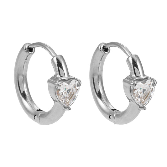 PELLA White Gold (Silver Toned): Mini Hoop Earrings with Heart Shaped Moissanite