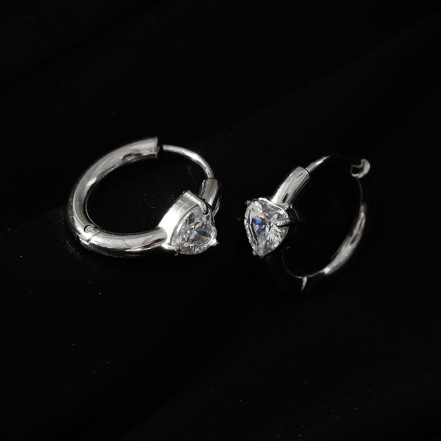 PELLA White Gold (Silver Toned): Mini Hoop Earrings with Heart Shaped Moissanite