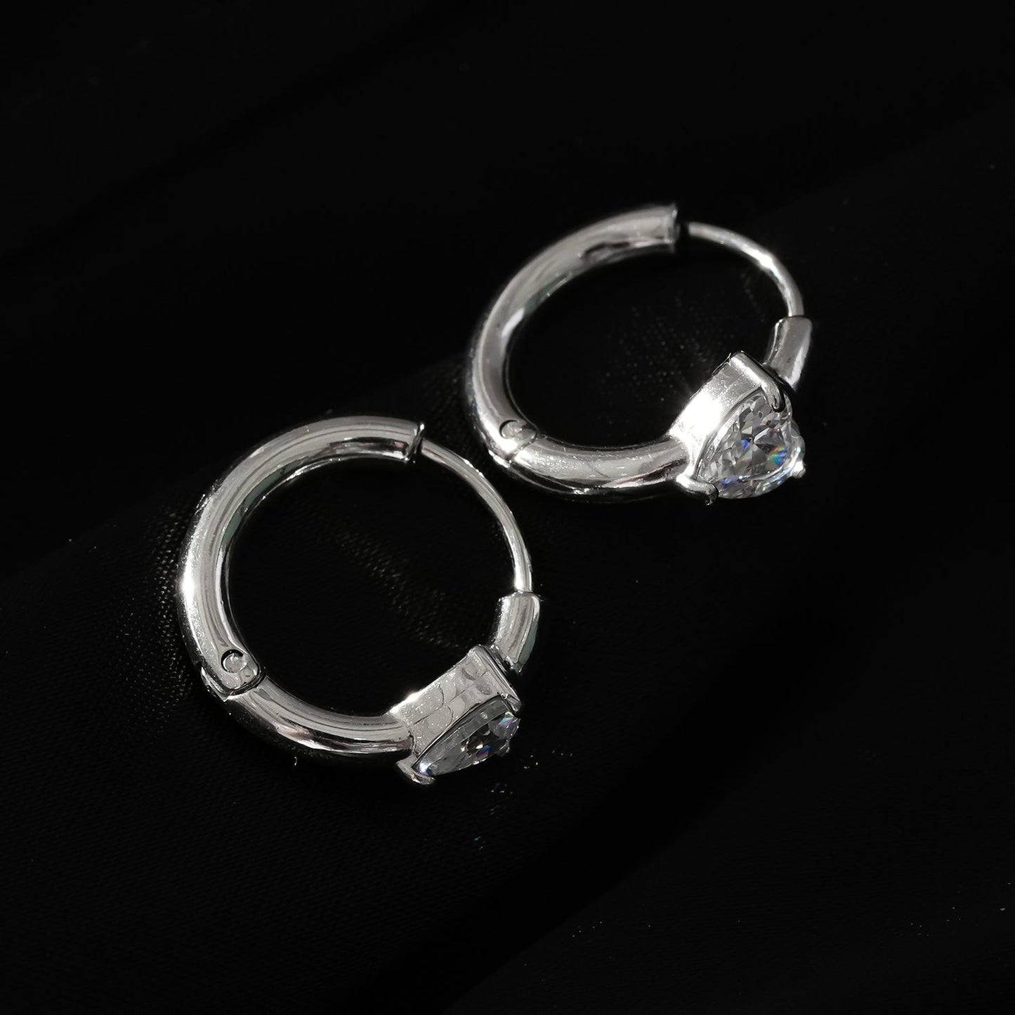 PELLA White Gold (Silver Toned): Mini Hoop Earrings with Heart Shaped Moissanite