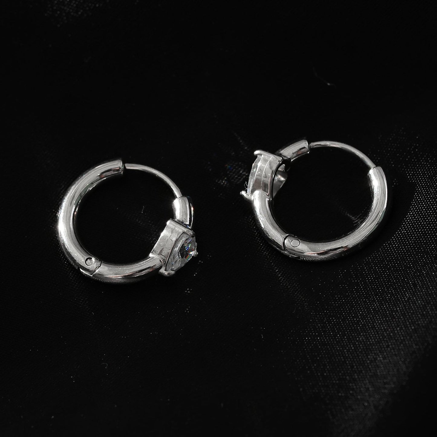 PELLA White Gold (Silver Toned): Mini Hoop Earrings with Heart Shaped Moissanite