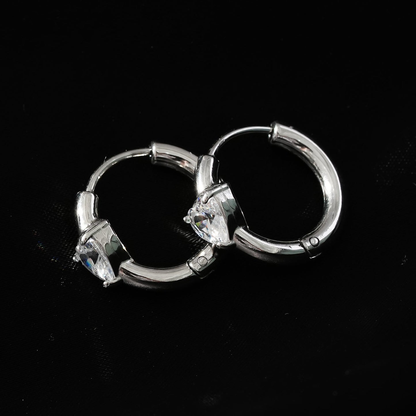 PELLA White Gold (Silver Toned): Mini Hoop Earrings with Heart Shaped Moissanite