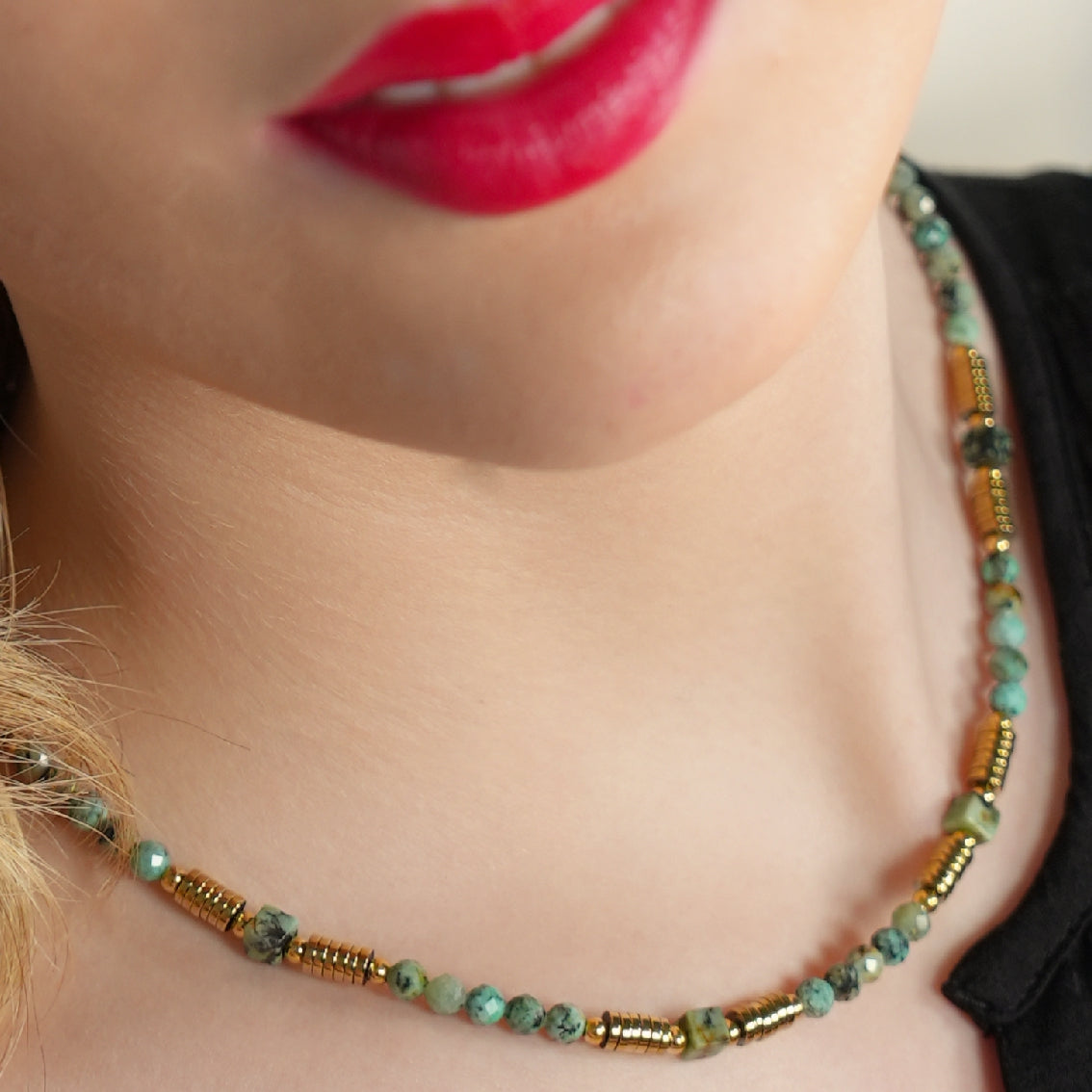 PHILIPPA: African Turquoise Stones and Gold Beaded Necklace