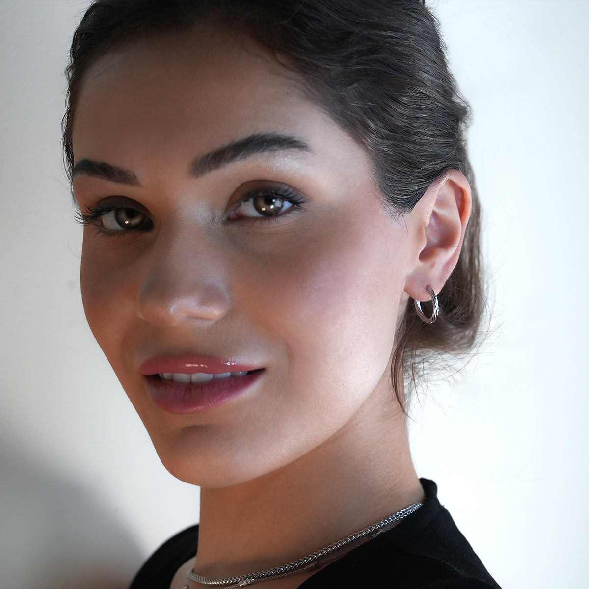 PURLEY: White Gold (Silver Toned) Richly Textured Modernist Mini Hoop Earrings