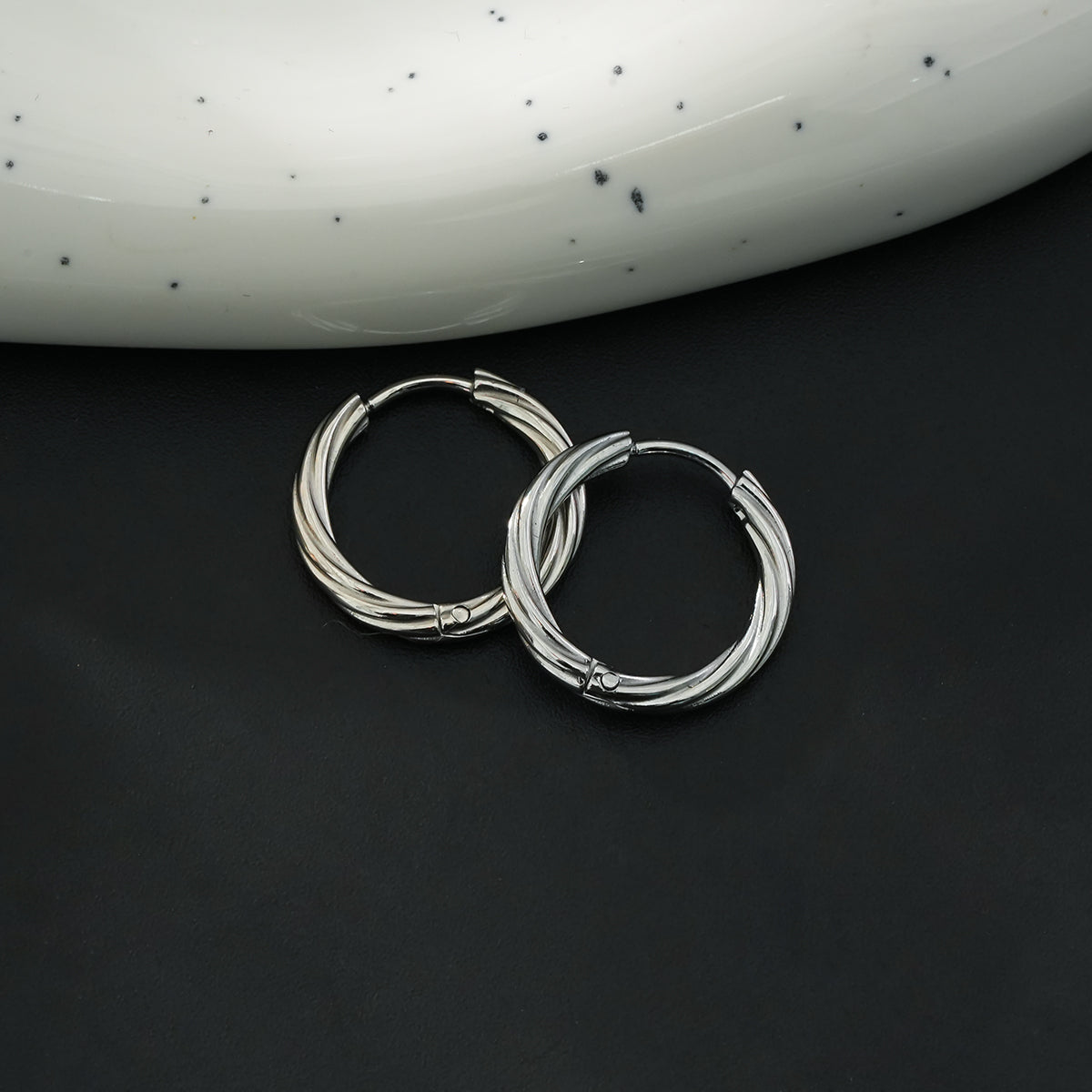 PURLEY: White Gold (Silver Toned) Richly Textured Modernist Mini Hoop Earrings