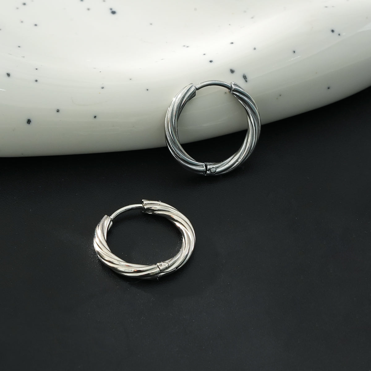 PURLEY: White Gold (Silver Toned) Richly Textured Modernist Mini Hoop Earrings