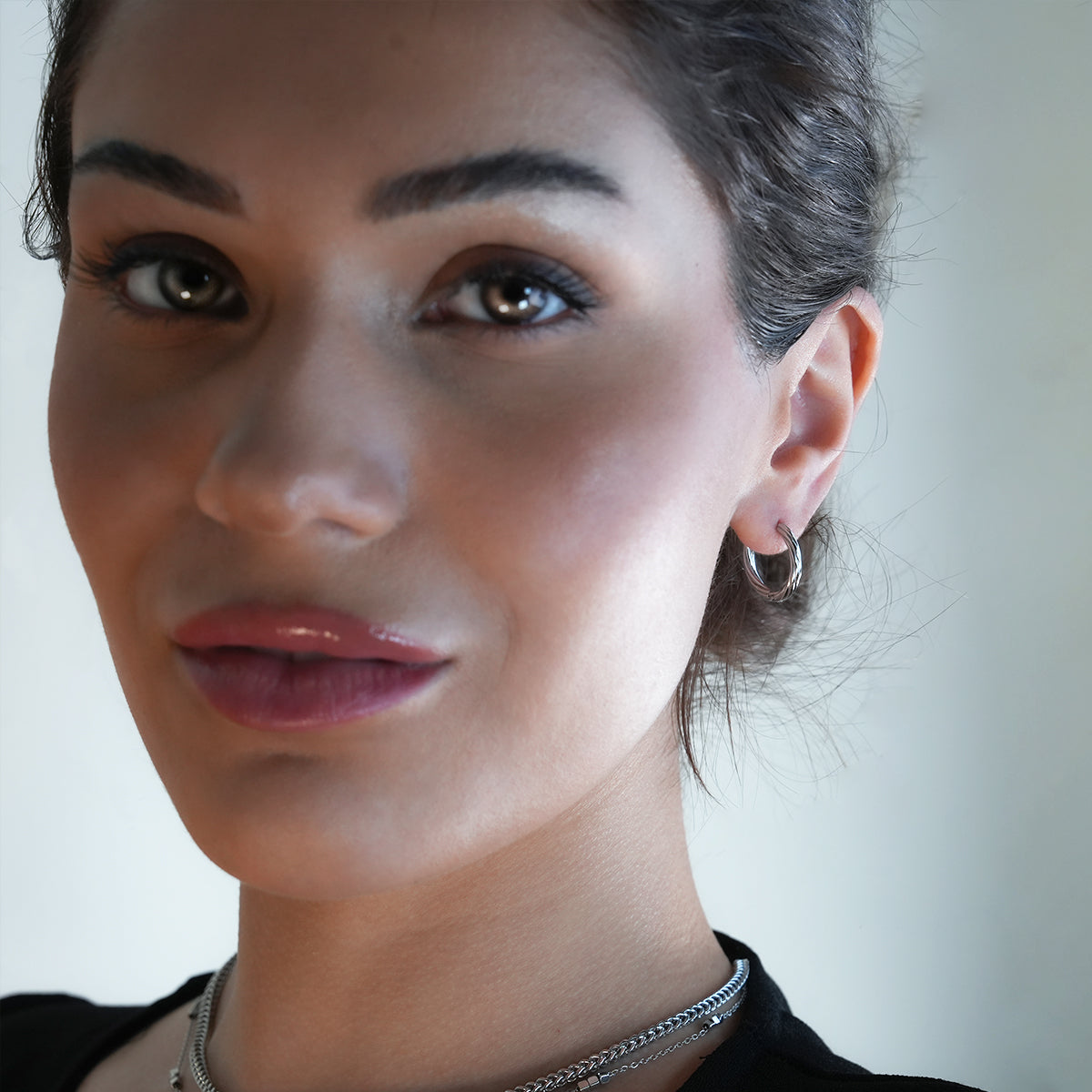 PURLEY: White Gold (Silver Toned) Richly Textured Modernist Mini Hoop Earrings