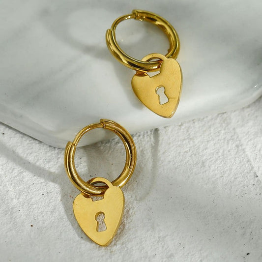 Mini Hoop Earrings Anchoring a Heart Shaped Keylock Charm - Style PYAR in Gold