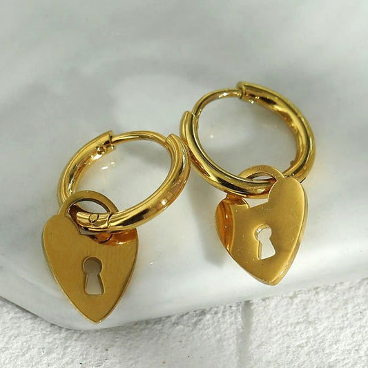 Mini Hoop Earrings Anchoring a Heart Shaped Keylock Charm - Style PYAR in Gold