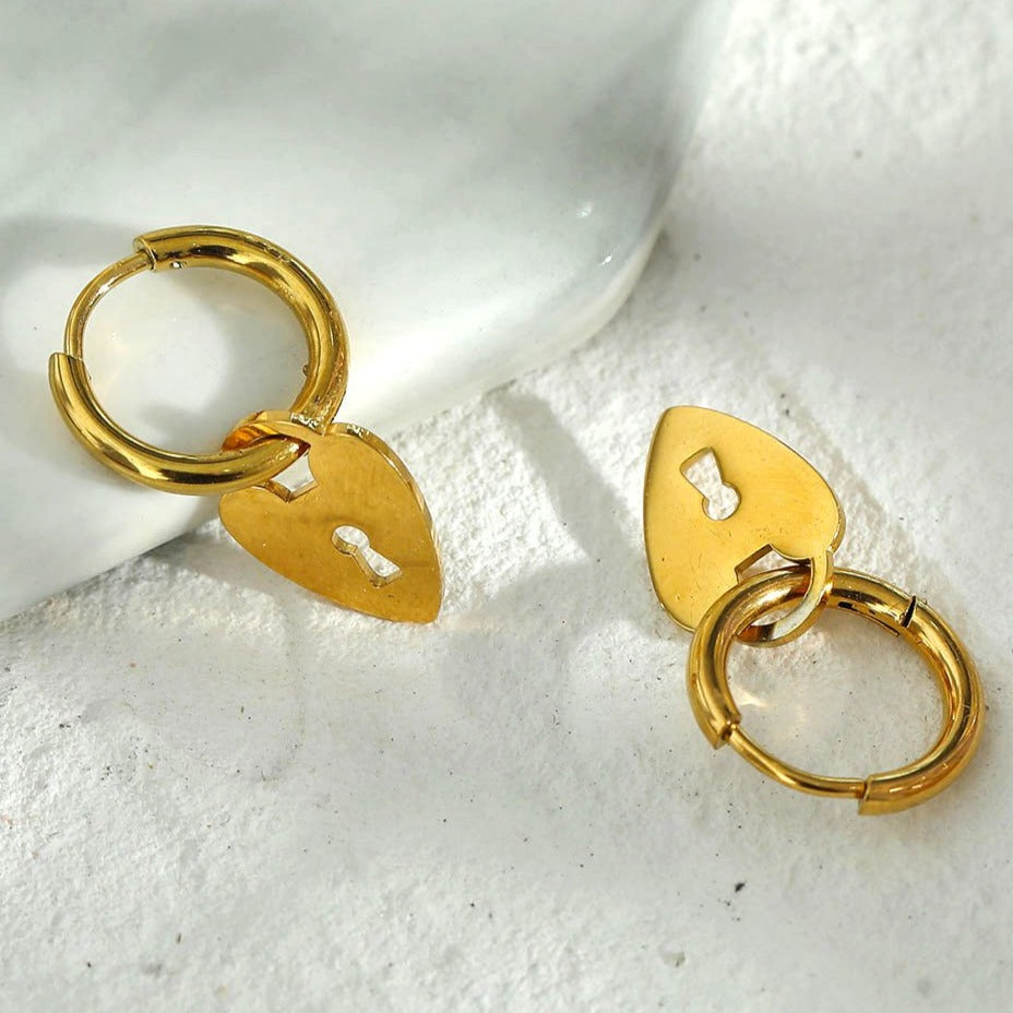 Mini Hoop Earrings Anchoring a Heart Shaped Keylock Charm - Style PYAR in Gold