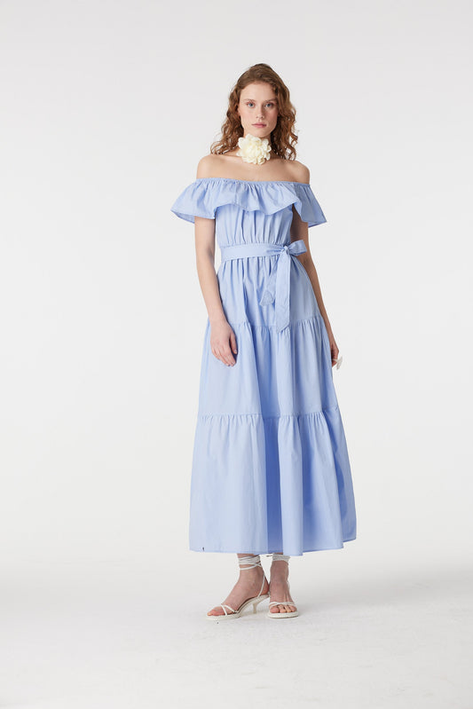 Baby Blue Cotton Off-Shoulder Tiered Maxi Dress