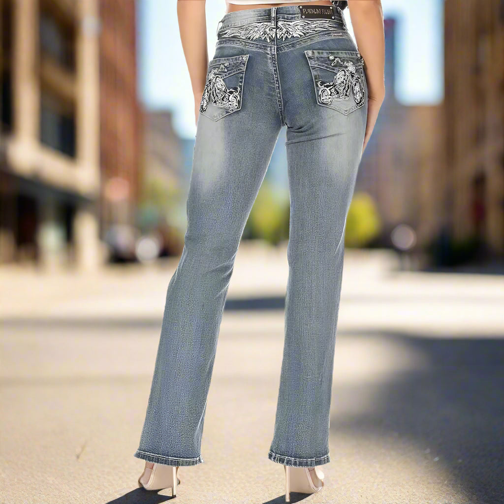 Platinum Plush Women's Rhinestone Motorcycle Bootcut Jeans