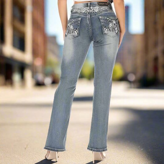 Platinum Plush Women's Rhinestone Motorcycle Bootcut Jeans