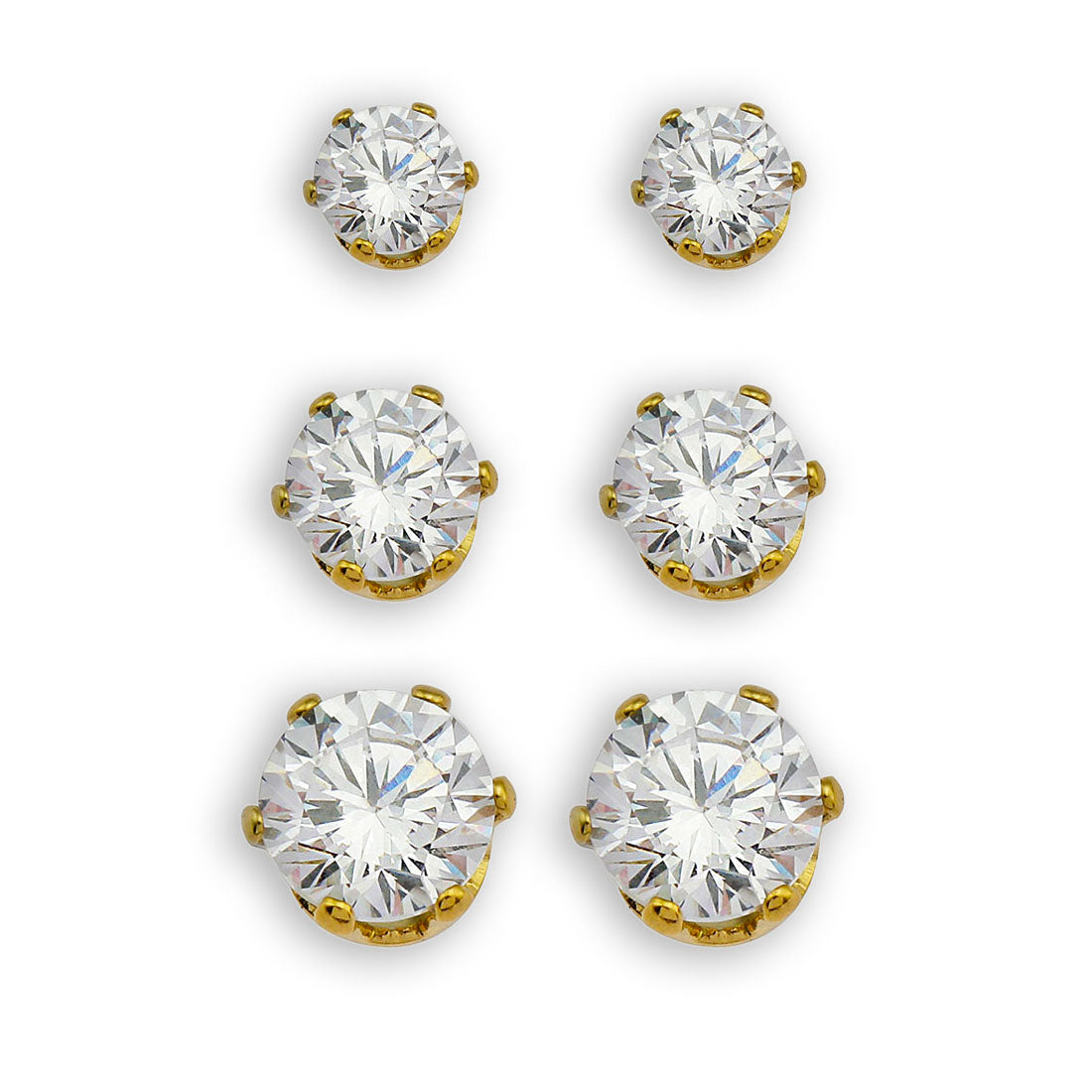 REIGN Gold:  3-Pair Zirconia Earrings Stud Set