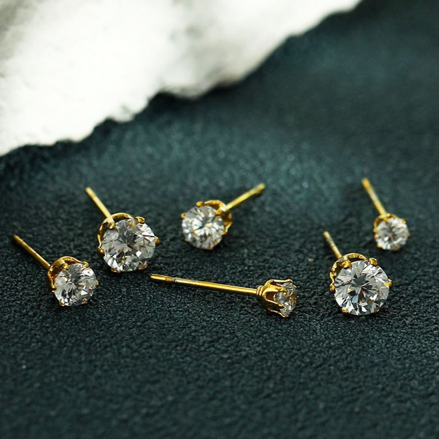 REIGN Gold:  3-Pair Zirconia Earrings Stud Set
