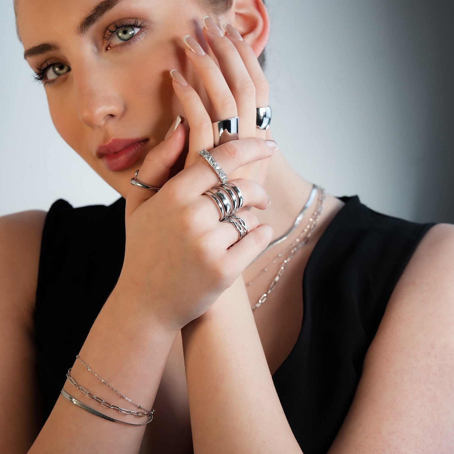 REINEDA: Triple Stacked White Gold (Silver Toned) Bracelet