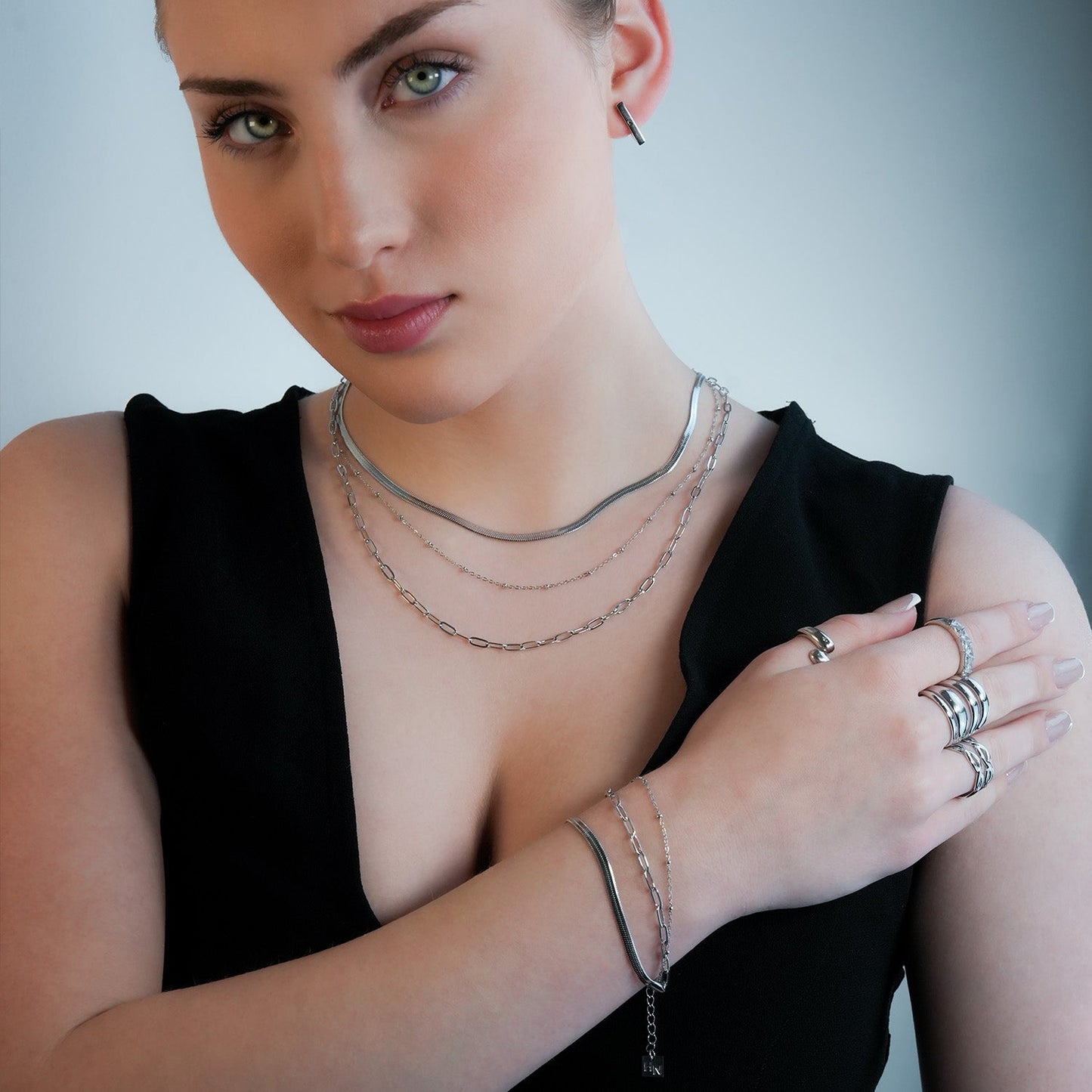 REINEDA: Triple Stacked White Gold (Silver Toned) Bracelet