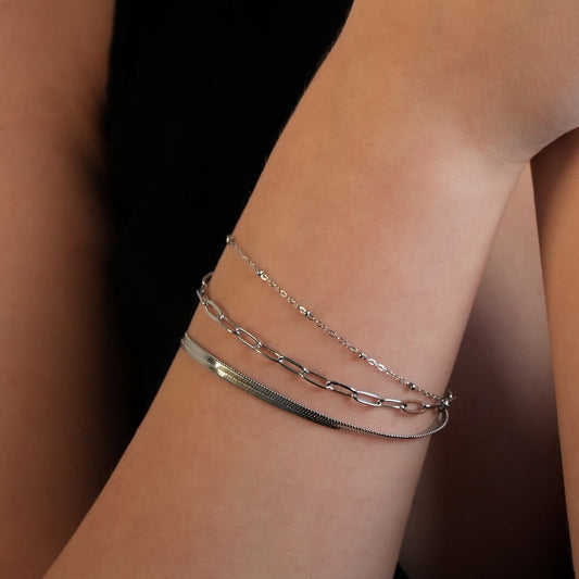 REINEDA: Triple Stacked White Gold (Silver Toned) Bracelet