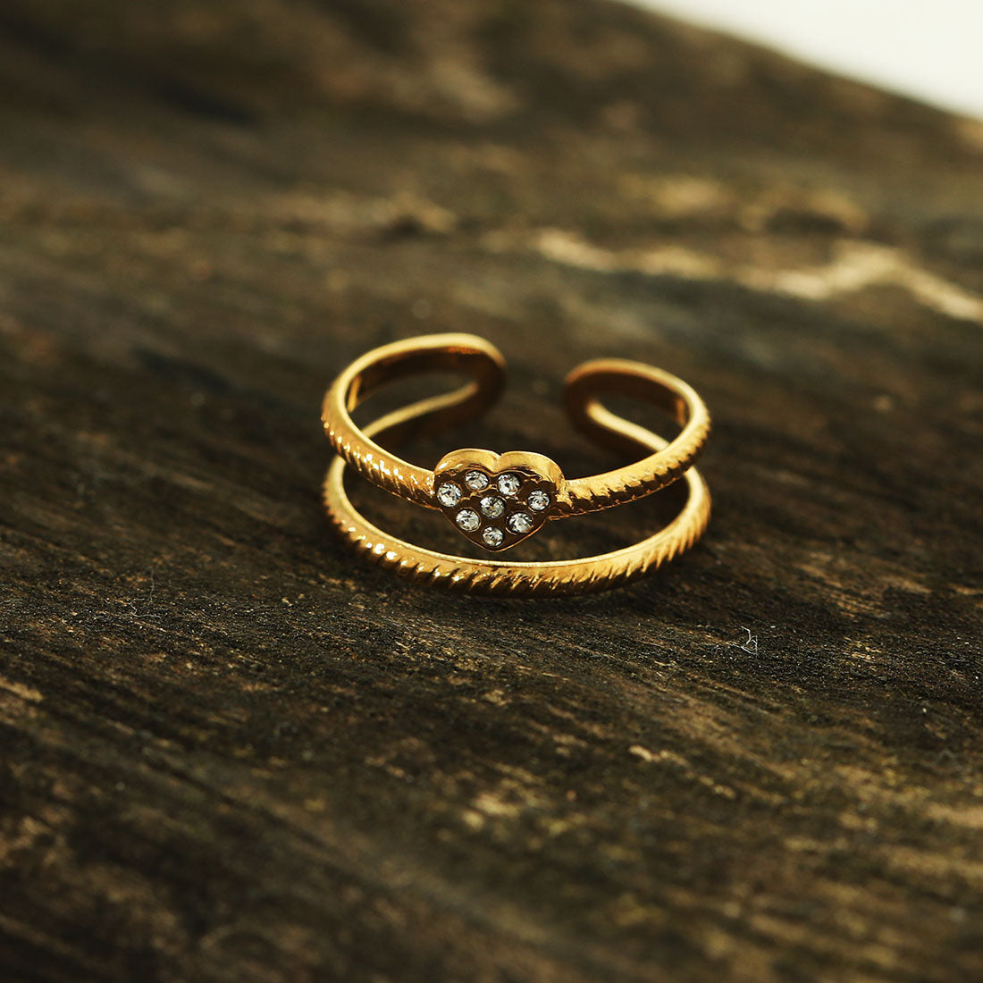 RENEE Gold: Double Stacked Zirconia (CZ) Embellished Heart Ring