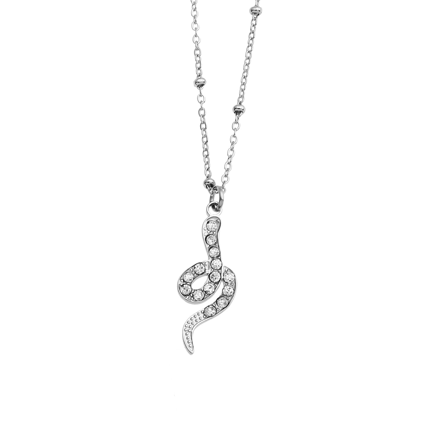 RIHANNA Beaded Chain Necklace with a Pavé Zirconia Serpent Pendant in Silver
