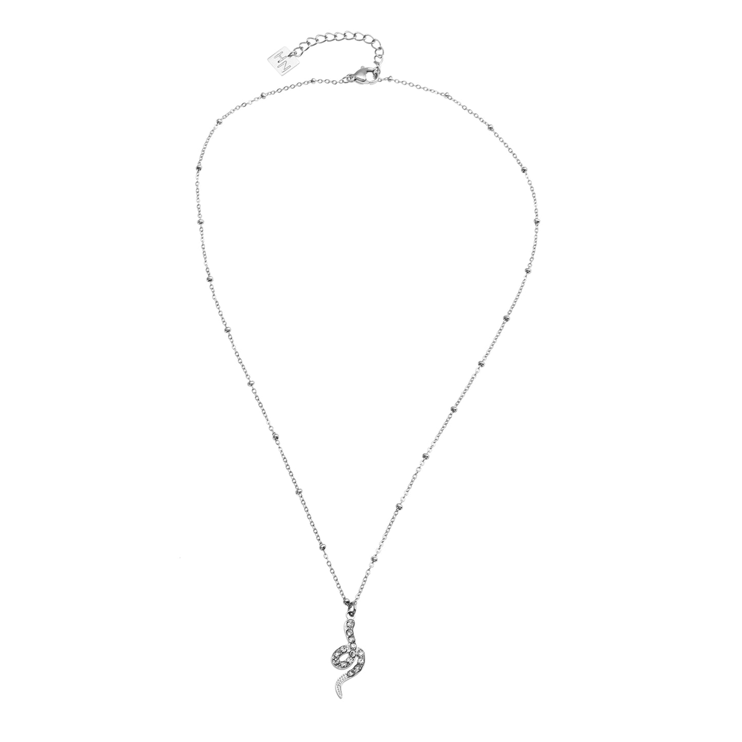 RIHANNA Beaded Chain Necklace with a Pavé Zirconia Serpent Pendant in Silver