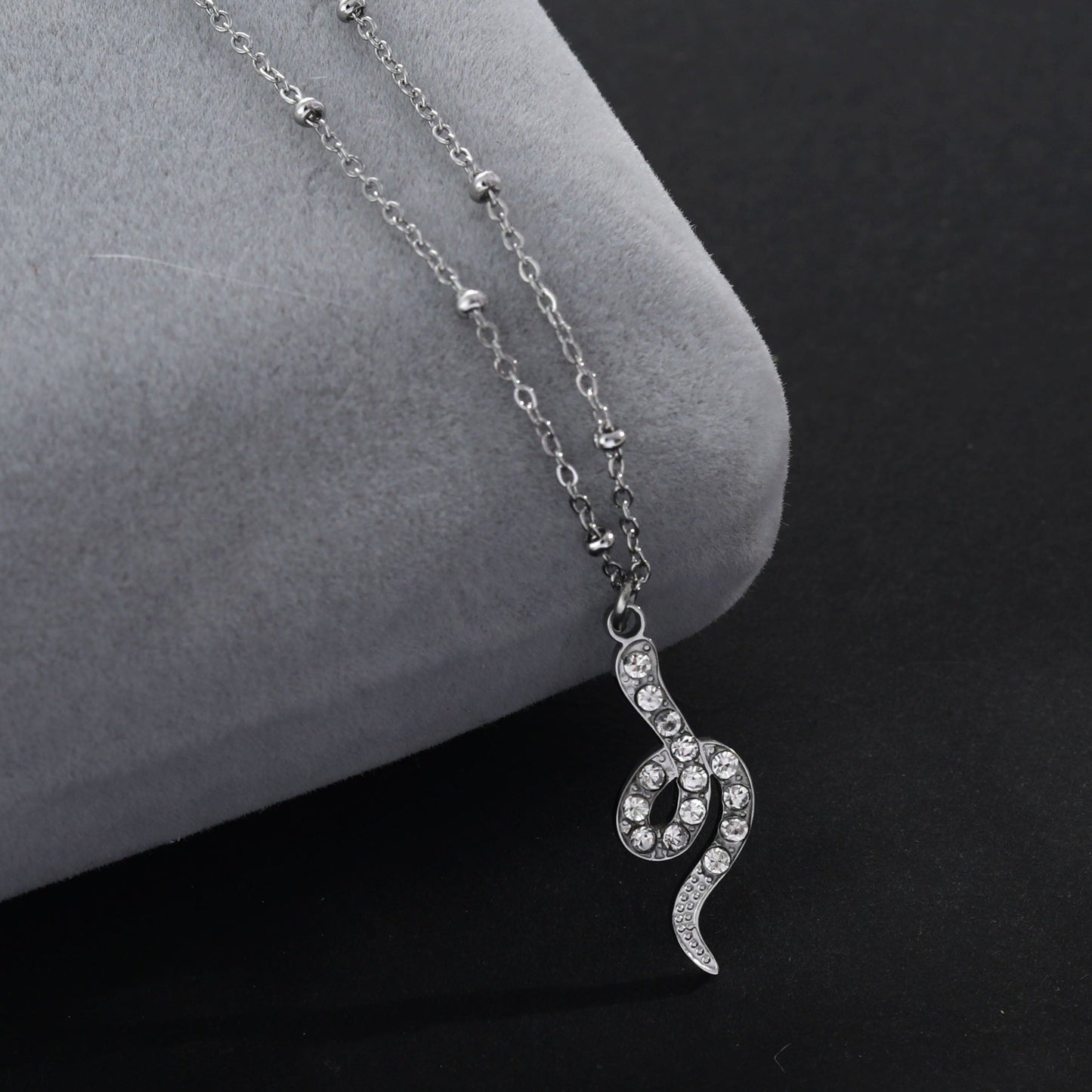 RIHANNA Beaded Chain Necklace with a Pavé Zirconia Serpent Pendant in Silver