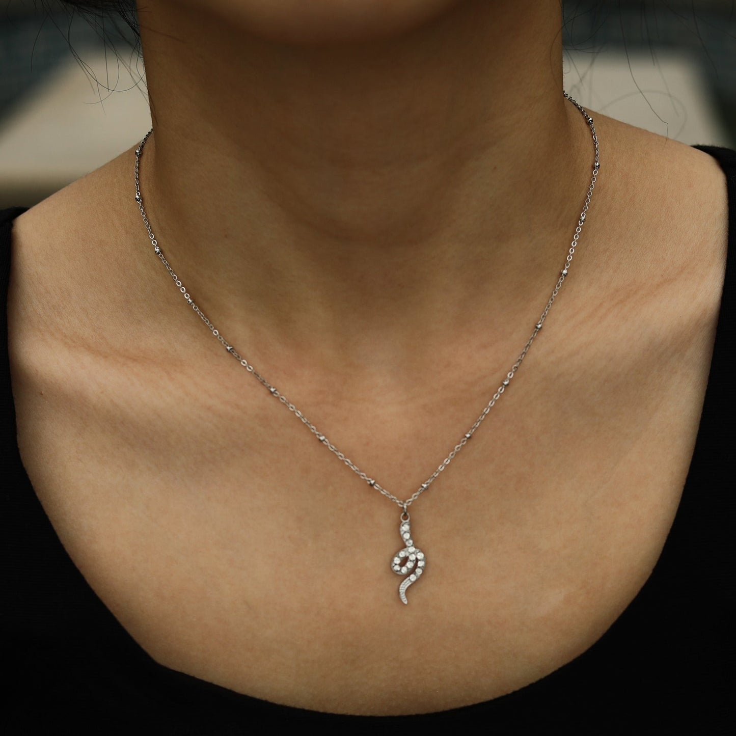 RIHANNA Beaded Chain Necklace with a Pavé Zirconia Serpent Pendant in Silver