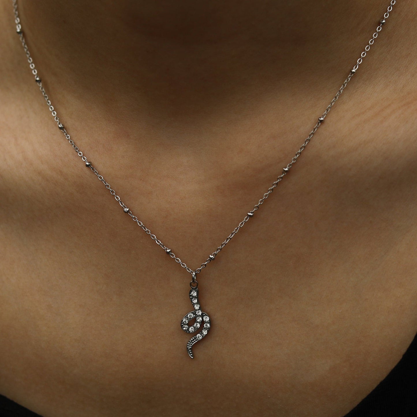 RIHANNA Beaded Chain Necklace with a Pavé Zirconia Serpent Pendant in Silver