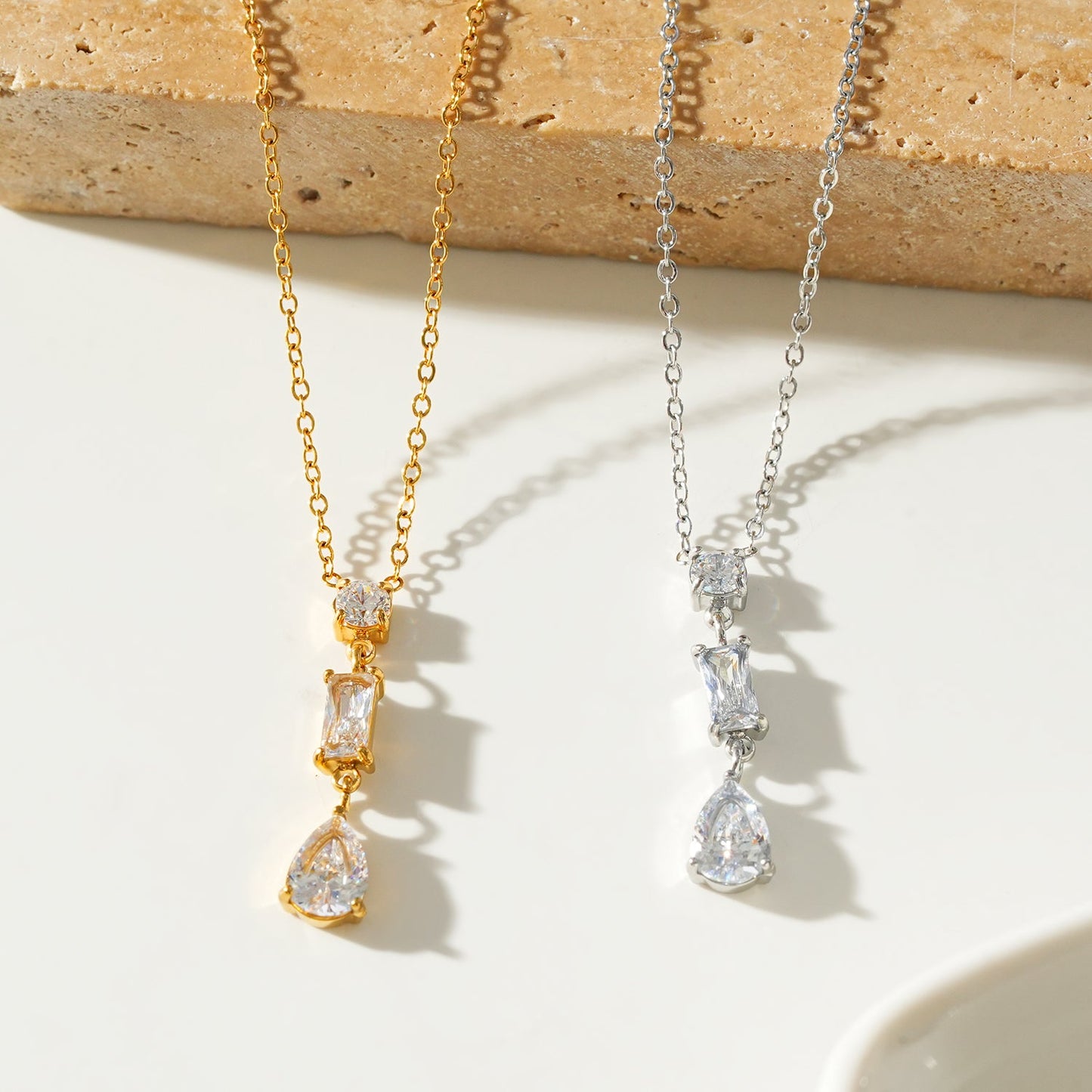 Style ROCHINA Silver:  A Trio of Zirconia Charms Pendant Chain Necklace