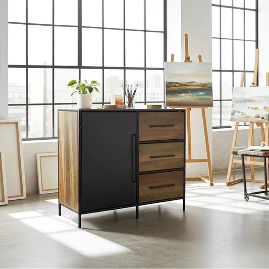 Commode en bois recyclé avec porte en acier et 3 tiroirs