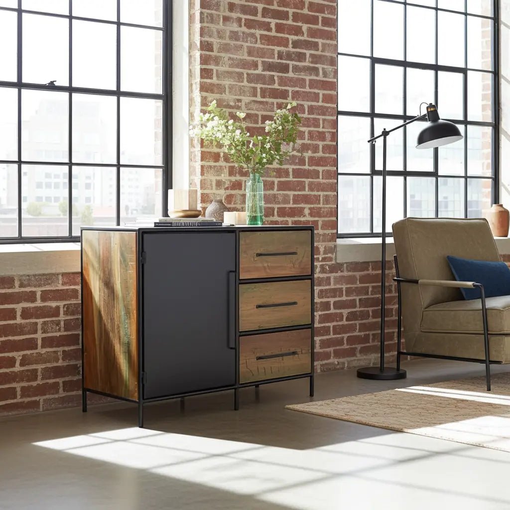 Commode en bois recyclé avec porte en acier et 3 tiroirs
