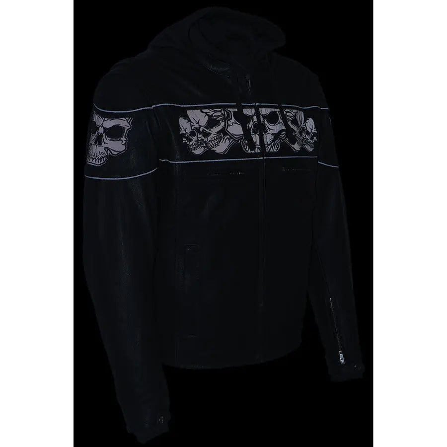 Milwaukee Leather Men's Crossover Scooter Jacket w/ Reflective Skulls & Full Sleeve Removable Hoodie