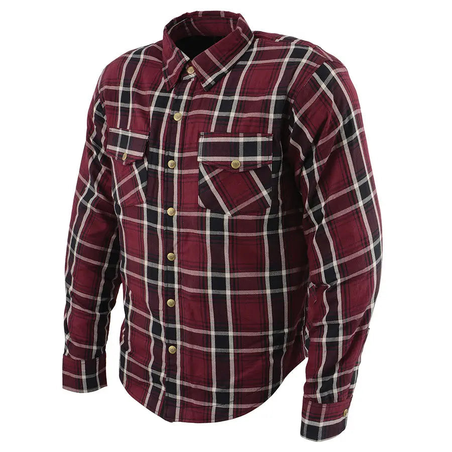Milwaukee Leather Men's Maroon Checkered Armored Flannel Biker Shirt w/ Reinforced Fibers