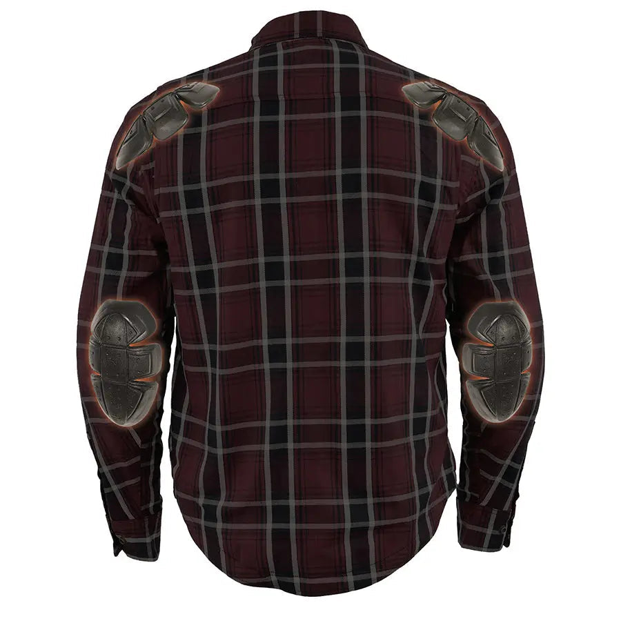 Milwaukee Leather Men's Maroon Checkered Armored Flannel Biker Shirt w/ Reinforced Fibers