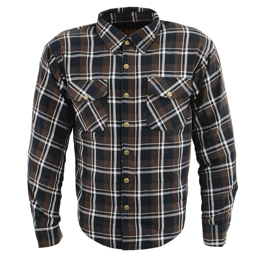 Milwaukee Leather Men's Brown Checkered Armored Flannel Biker Shirt w/ Reinforced Fibers