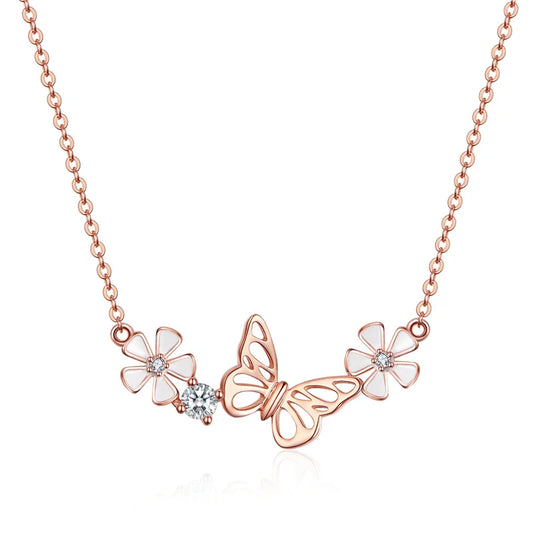 Delicate Beauty: Korean Style 925 Sterling Silver Butterfly and Flower Choker Necklace