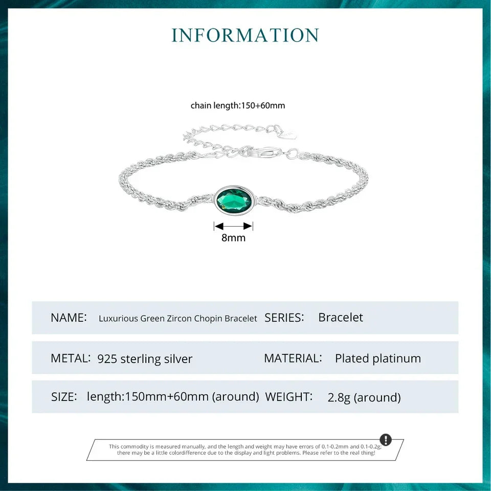 Sterling Silver Chopin Bracelet with Green Zircon – Adjustable