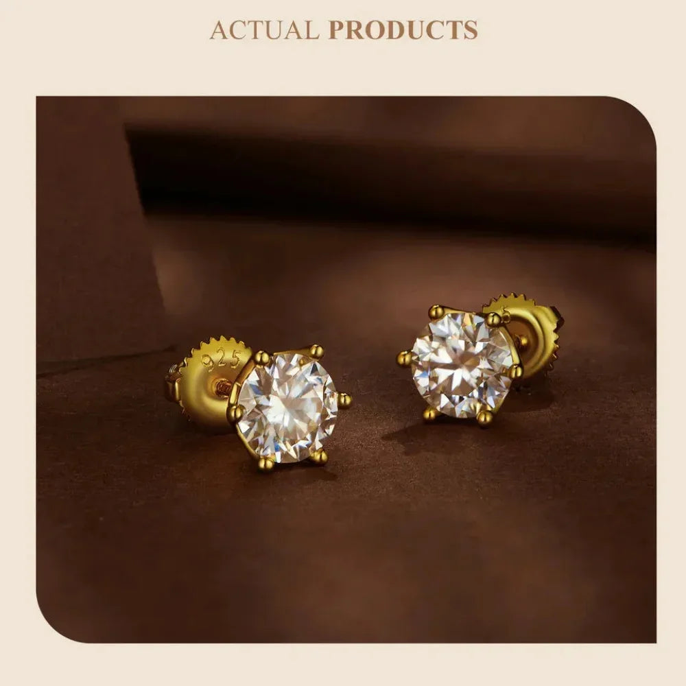 Radiant Moissanite Stud Earrings | D Color Round Cut 925 Silver, Gold Plated