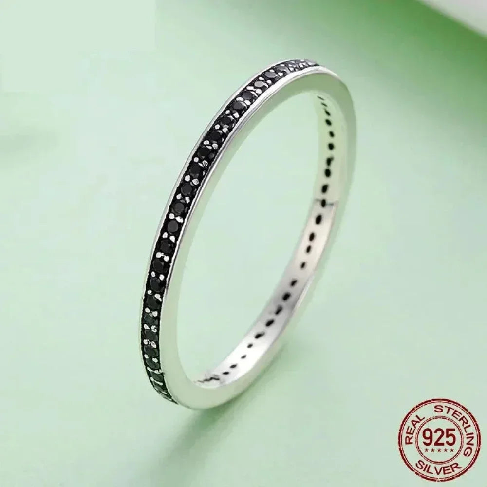 Breathtaking 925 Sterling Silver Double Circle Black Clear Cz Stackable Ring