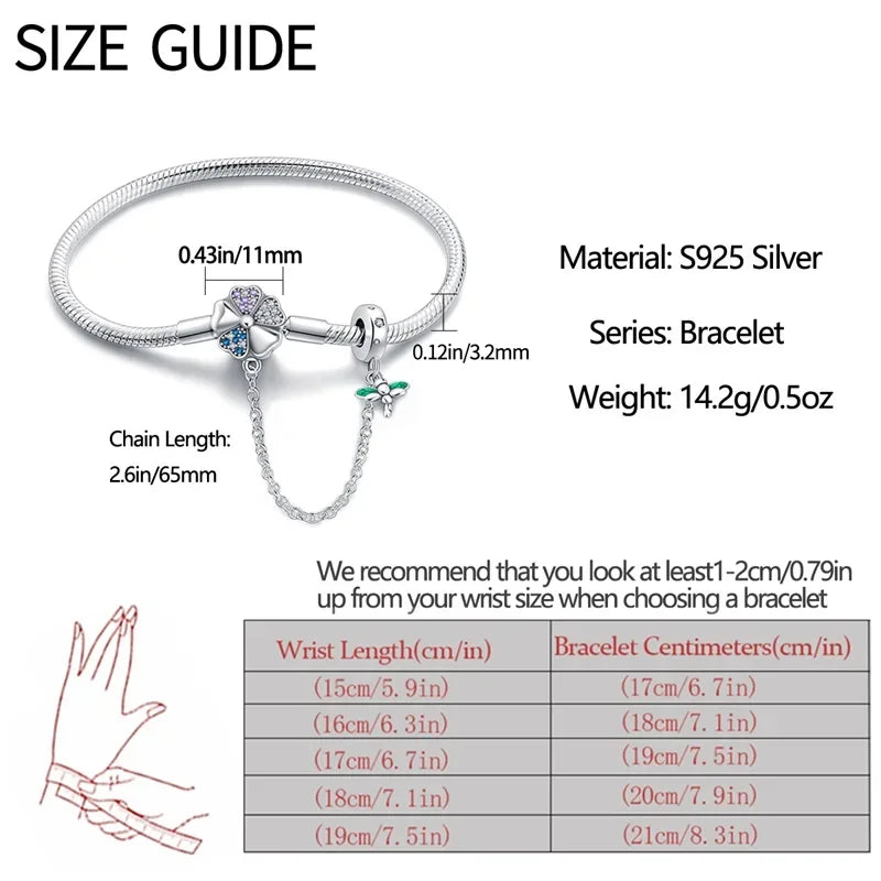 Sterling Silver Clover & Dragonfly Charm Bracelet with Safety Chain