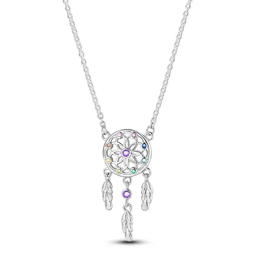 Dream Catcher Sterling Silver Pendant Necklace With Colorful Cubic Zirconia