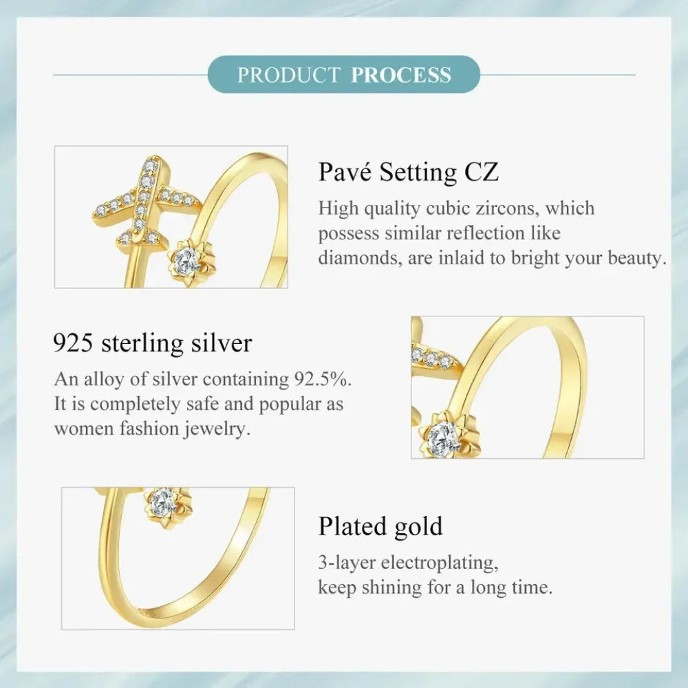 Genuine 925 Sterling Silver Flying Plane Open Adjustable Ring With Clear Cz - Fine Jewelry