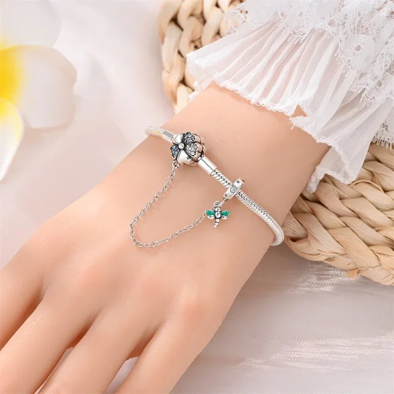 Sterling Silver Clover & Dragonfly Charm Bracelet with Safety Chain