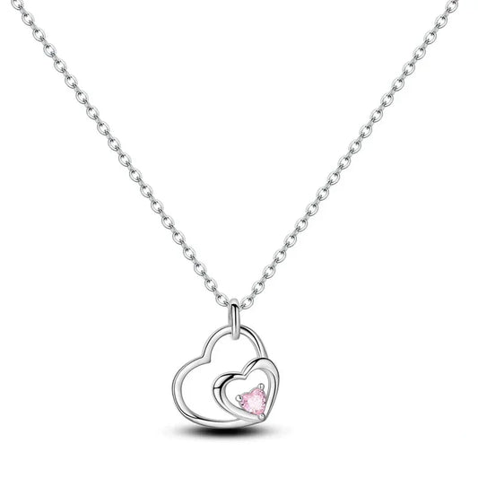 925 Sterling Silver Double Heart Necklace with Pink Crystal