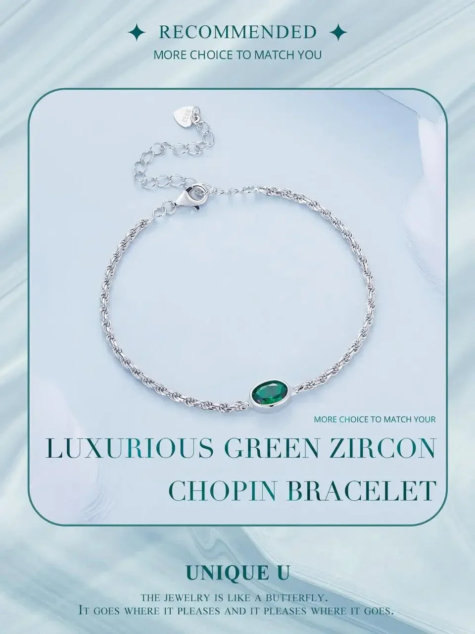 Sterling Silver Chopin Bracelet with Green Zircon – Adjustable